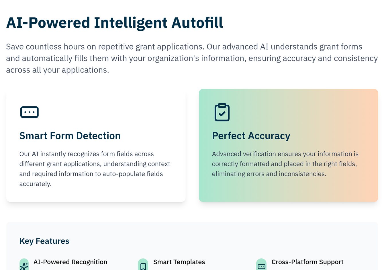 GRANTED autofill page describing smart form detection and verification for grant application forms