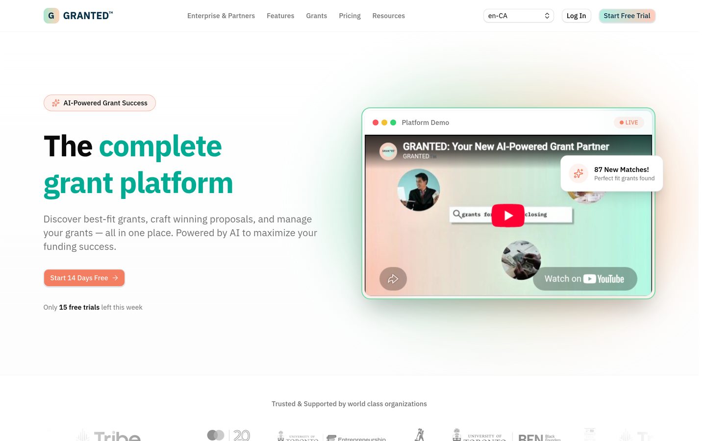 GRANTED homepage: "The complete grant platform", with a product demo video and the line "Discover best-fit grants, craft winning proposals, and manage your grants, all in one place"