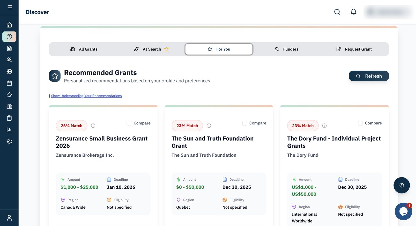 GRANTED recommended grants view: three grant cards with match scores, amounts, deadlines and regions