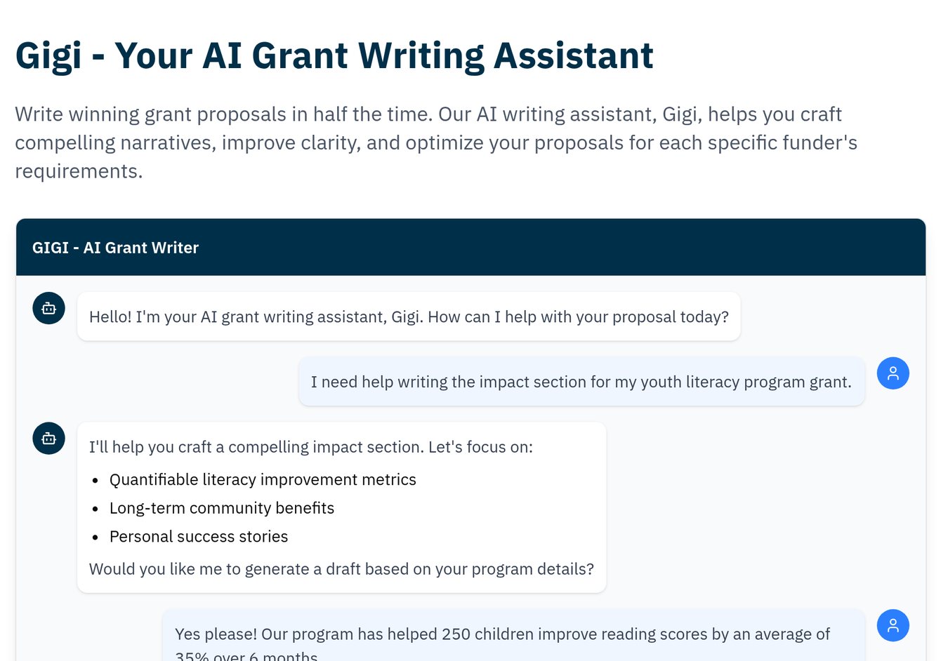 GRANTED AI writing assistant page: a chat in which the assistant, Gigi, helps draft the impact section of a grant proposal