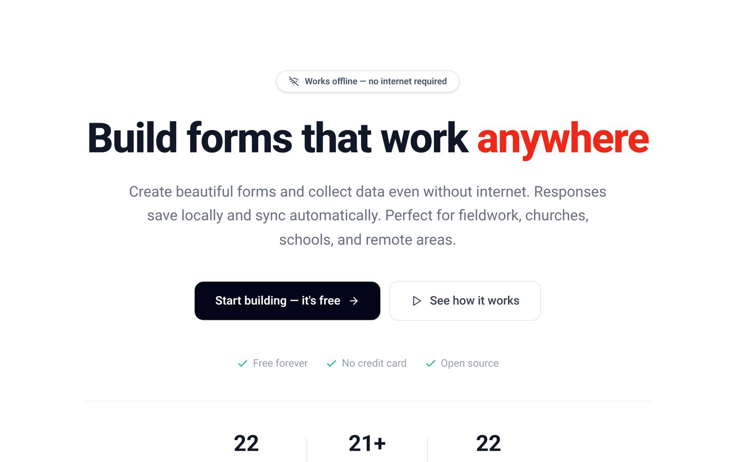 KoraForms homepage: "Build forms that work anywhere", with responses saved locally and synced automatically